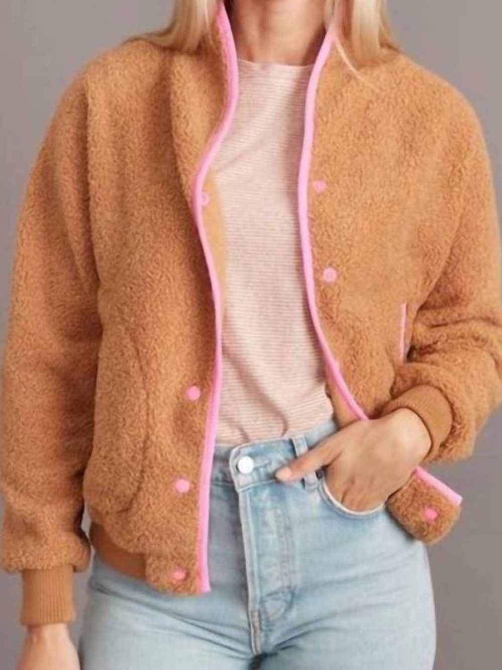 Marine Layer Sierra Sherpa jacket coat in camel neon pink button up medium